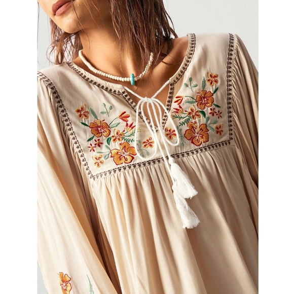 Embroidered Bohemian Shirt in Beige Detailed V-Neck, Tassel Ties on Neck, Cuffs - Picture 3 of 9